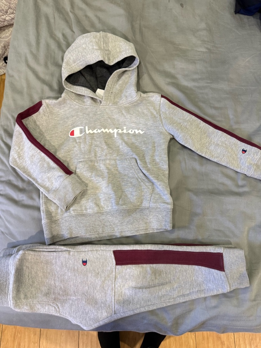 Champion Light Gray Hoodie and Joggers Set with Maroon Stripes